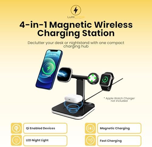 Elevate Your Charging Experience with the Lumi Charge 4-in-1 Qi Wireless Charging Station – Fast, Sleek Multi-Device Dock for Mag Safe, Apple Watch & Air Pods – Innovative Charging Hub Featuring Integrated LED Night Light, USB-C Cable, and Safety Features – Space-Saving Solution for Tech Lovers