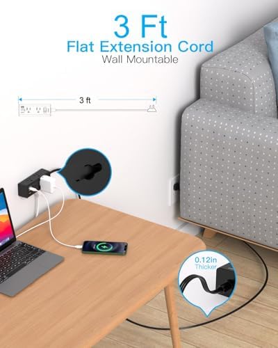 5 Ft Versatile Power Strip with 6 AC Outlets & 3 USB Ports, including USB-C – Compact Flat Plug Extension Cord for Efficient Charging in Dorm Rooms, Travel, and Home Offices – Surge Protector for Enhanced Device Safety and Connectivity
