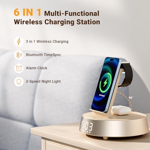 Revolutionize Your Nighttime Routine with the FREEFISH 7-in-1 Wireless Charging Station: Multi-Device Charger for i Phone 16-11 Pro Max, Apple Watch, and Air Pods Pro – Features Alarm Clock, Dimmable Night Light, and Bluetooth Speaker for Ultimate Convenience and Style