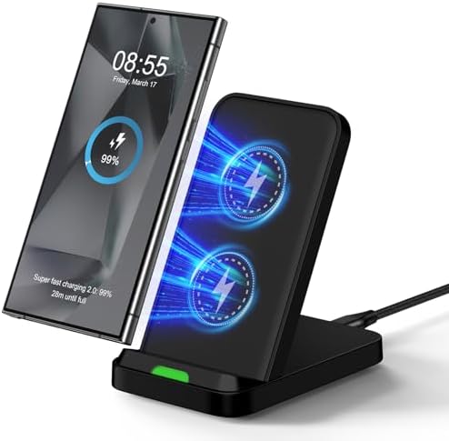 Fast Wireless Charger Stand for Android Devices – 15 W Multi-Device Charging Station for Samsung Galaxy S25/S24/S23/S22/S21/Z Fold 6 & Google Pixel 9 Pro/8/7 – Intelligent Dual Orientation Design, Enhanced Safety Features, Sleep-Friendly LED Indicator – Effortless Charging with Case Compatibility & Advanced Cooling System