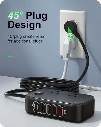 Ultimate 7-in-1 Power Strip with 65 W Ga N Technology | Flat Plug Design for Space-Saving | 3 USB-C & 2 USB-A Ports for Rapid Charging | 2500 W AC Outlet for Home, Office, College & Travel | Versatile Surge Protector for All Devices