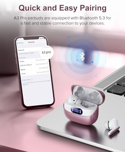 Sleek Rose Gold Wireless Earbuds with Bluetooth 5.3 | 42-Hour Long Battery Life & IPX7 Waterproof Design | Premium Noise Cancelling Earphones for Exceptional Audio | Intelligent LED Display for Seamless Connectivity on i OS & Android
