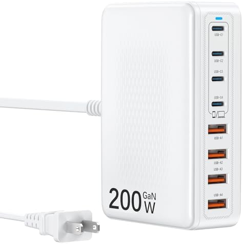 200 W Ga N III USB C Charging Station Hub – 8-Port Power Adapter for Rapid Device Charging – Multi-Device Compatibility for Mac Book, DELL, i Pad, i Phone 15/16, Samsung S24/S25, Steam Deck – Ultra-Fast Power Delivery (PD) 65 W for Home & Office Use – Compact & Efficient Design