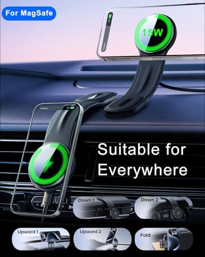 Revolutionary 15 W Mag Safe Car Charger Mount with 360° Adjustable Aluminum Arm – Effortless Fast Wireless Charging for i Phone 12-16 Pro Max – Sleek and Durable Phone Holder for Enhanced Driving Convenience – Your Essential Car Accessory for Modern Lifestyles