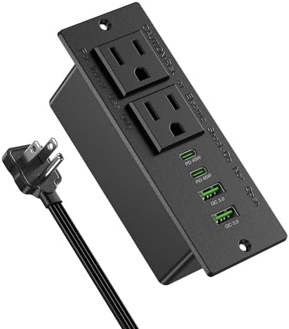 Recessed Power Strip with USB C PD Fast Charging – 30 W Flush Mount Desk Outlet for Space-Saving Convenience, 2 AC Outlets & 2 USB Ports, 6 ft Cord, Ultra Thin Flat Plug for Tidy Workspaces – Perfect for Home Offices and Multi-Device Charging Solutions