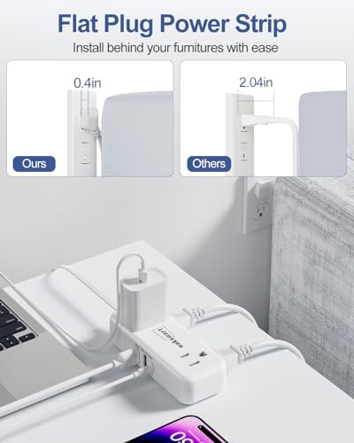 Sleek Flat Plug Power Strip with 5 Ft Extension Cord – 4 AC Outlets & 3 Fast-Charging USB Ports (5 V/3.4 A) – Compact Travel-Friendly Power Solution for College Dorms, Home Offices, and On-the-Go Charging – Maximize Space and Connectivity