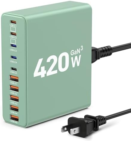 Ultimate 420 W Ga N Multi-Device Charging Hub – 10-Port USB C & A Wall Charger for Mac Book, i Phone, i Pad, Dell XPS, and Samsung Galaxy – Rapid Smart Charging Station with Advanced Safety Features for Efficient Power Management