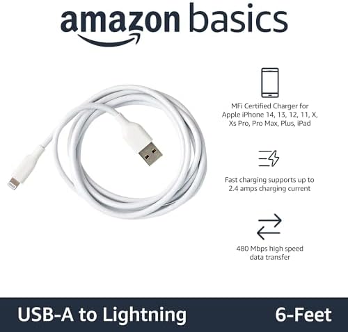 Amazon Basics MFi Certified 2-Pack Lightning Charger Cables – 6 Foot USB-A to Lightning, Optimized for i Phone 14, 13, 12, 11, X, Xs Pro, Pro Max, Plus & i Pad – Durable ABS Design for Fast Charging & Data Syncing, Sleek Black Finish, Essential Backup Solution