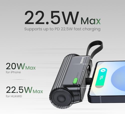 Ultra-Compact 5000 m Ah Flow Mini Power Bank – Versatile Portable Charger with Changeable Plugs, Built-in Cable & Dual USB-C Outputs for Seamless Compatibility with i Phone 16/15/14/13, i Pad, Galaxy S24/23 Ultra – Ideal for On-the-Go Charging