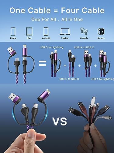Universal 4-in-1 Multi-Device Charging Cable [2-Pack, 6.6 FT] – 60 W Fast Charging Nylon Braided Lightning & USB-C Cords for i Phone, i Pad, Samsung Galaxy, Mac Book & More – Durable & Tangle-Free Solution for Efficient Powering