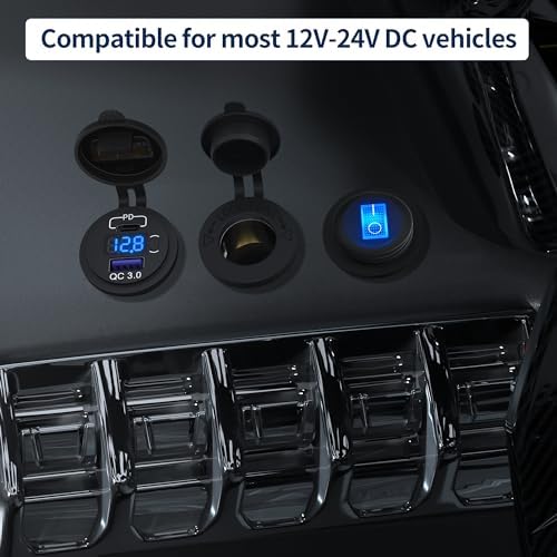 Daier Tek 12 V USB C Car Charger Socket – High-Speed 48 W PD & QC 3.0 – Waterproof Dual USB Outlet with Voltmeter & Energy-Saving ON/OFF Switch for Cars, Boats, and Golf Carts – 3 Pack for Versatile Installation and Enhanced Device Protection
