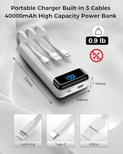 Ultra High Capacity 40,000 m Ah Portable Power Bank with Integrated Cables – 22.5 W PD Fast Charging Solution for i Phone 16/15/14/13, Samsung Galaxy S24/S23/S22/S21 & More – 5 Output Ports & 3 Input Options for Multi-Device Compatibility – Precision LED Display for Real-Time Power Monitoring – Lightweight & Compact Design Perfect for Outdoor Adventures, Travel, Camping, and More – Versatile Backup Battery for Smart Devices Including Tablets, Cameras, and More – Ultimate Charging Convenience Wherever You Go
