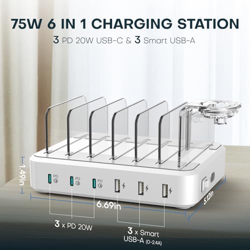 75 W 6-Port USB-C Fast Charging Station with 7 Cables – Multi-Device Dock for i Phone, Samsung, i Pad & More – Ultimate Charging Solution for Home & Office Efficiency