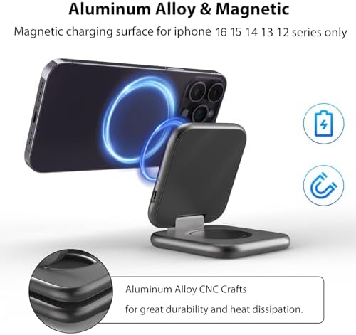 Compact 2-in-1 Foldable Wireless Charger Stand for Apple Devices – KUXIU Aluminum Magnetic Charging Station with 5 W Fast Charging for i Phone 15/14/13/12 Pro/Max, Apple Watch 9/8/7/Ultra2, and Air Pods Pro – Ultimate Portability and Enhanced Compatibility for Travelers