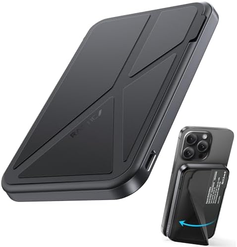 RAPTIC 2024 Advanced 5000 m Ah Magnetic Power Bank with Integrated Stand – Ultra-Slim Wireless Charger for i Phone 16 Pro Max/15/14/13/12, Fast Charging Capability, Includes USB-C Cable, Sleek Black Design for On-the-Go Convenience