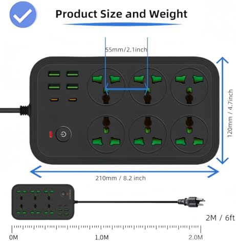 Universal 12-in-1 Power Strip with USB C – All-in-One Travel Extension Cord Featuring 6 Extra-Wide Outlets and 4 Fast-Charging USB Ports, 110-240 V, Max 3000 W, Wall-Mountable Surge Protector for European Journeys and Home Use – Effortless Device Management and Enhanced Safety