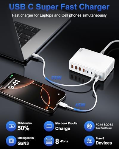 200 W Ga N USB C Charging Station Hub – High-Speed 8-Port Power Adapter for Mac Book Pro/Air, Dell, i Pad, i Phone 15/16, Samsung S23/S24 & Steam Deck – Ultimate Fast Charger with Enhanced Safety Features for Home, Office & Travel