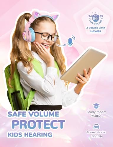 Magical Cat Ear Bluetooth Headphones for Kids – Mesmerizing Gradient Pink with LED Glow, 50-Hour Battery Life, Safe 74/85 d BA Volume Limiting, Superior Bluetooth 5.2 Connectivity & Rapid USB-C Charging for Ultimate Travel Convenience and Enjoyment