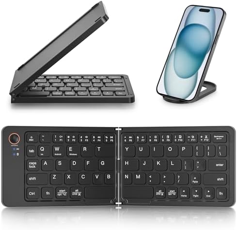 Ultimate Mini Wireless Folding Keyboard for Travel – Sync 3 Devices Effortlessly, Premium Aluminum Design for i Phone, i Pad, Mac, Android & Windows – Compact & Portable Full-Size Typing Solution