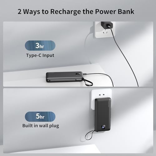 Ultra-Slim 10000 m Ah Fast Charging Power Bank with Built-In Cables & AC Plug – Versatile 5 Output USB-C Portable Charger for i Phones, Samsung, Android & More – Perfect for Travel & On-the-Go Power Solutions