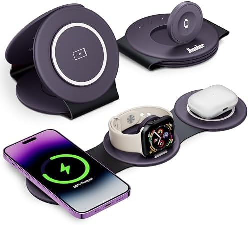 Hicober 3-in-1 Magnetic Wireless Charging Station for i Phone 15, Apple Watch, and Air Pods – Ultra-Fast 18 W Portable Travel Charger with Foldable Design for i Phone 16, 14, 13, 12 Pro/Max/Plus – Optimal Compatibility and Sleek Aesthetics for Effortless Charging Experience