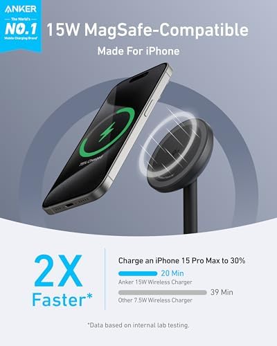 Anker Mag Go i Phone 16 Mag Safe Charger Stand – 15 W Fast Magnetic Wireless Charging Station with Qi2 Certification, 360° Device Compatibility & Sleek Design for i Phone 16/15/14/13/12 Series & Air Pods (Includes 25 W Adapter) – Elevate Your Charging Experience Today!