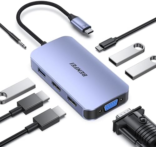 Maximize Your Productivity with the BENFEI 8-in-1 USB C Docking Station: Triple Display Hub Featuring Dual HDMI, VGA, 3 USB 3.0 Ports & 100 W Power Delivery for Effortless Mac Book Pro & XPS Connectivity