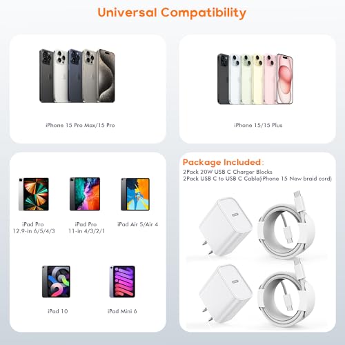 Ultimate Fast Charging Set for i Phone 16/15 – MFi Certified 2-Pack Type C Wall Charger with 6 FT Durable Woven USB-C Cables for i Phone 16 Pro Max, i Phone 15 Plus, i Pad Pro/Air/Mini – Enhanced Speed, Compatibility, and Portability for Home and Travel