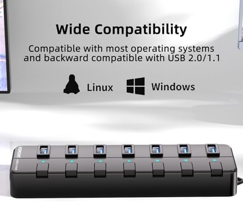 Unlock Ultimate Device Connectivity with VEMONT 7-Port USB 3.0 Hub – Control Each Connection with Individual On/Off Switches and LED Indicators, Enjoy Flexible Setup with 4 ft Cable, Plus Lightning-Fast Data Transfer Speeds of Up to 5 Gbps – The Essential USB Splitter for Modern Laptops and PCs