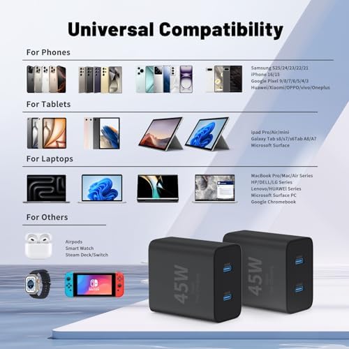 Ultimate Fast Charging Solution for i Phone 16/15 Pro Max – 45 W Dual Port USB-C Charger Block (2-Pack) with Extra Long 60 W Cables – PD Quick Adapter 3.0 for Enhanced Device Compatibility and Speed – Perfect for Home or On-the-Go Charging