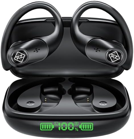 RIZIZI Wireless Earbuds with Bluetooth Technology – 96-Hour Playtime Ensured, Waterproof Construction, and LED Battery Monitor – Immersive Deep Bass Sound Ideal for Sports, Gaming, and Everyday Use – Secure Over-Ear Fit Compatible with i Phone, Android, Samsung, and More