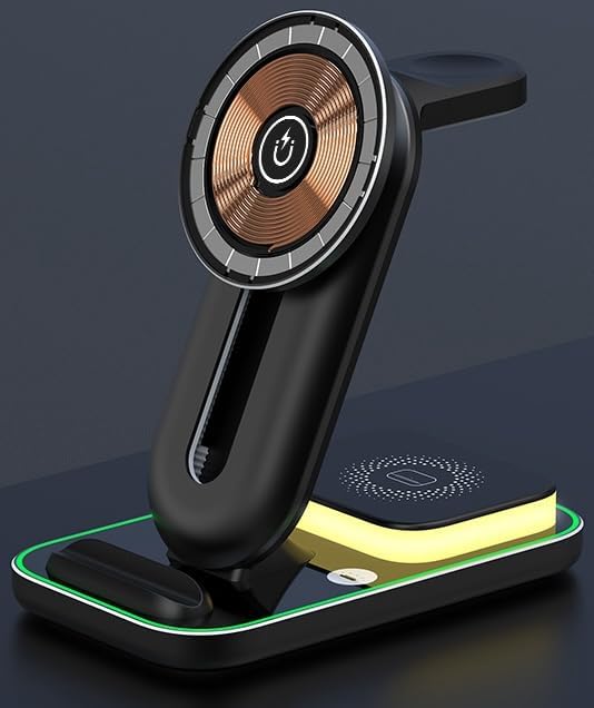 Effortless Charging Hub: Mag Safe-Compatible 3-in-1 Wireless Charger Stand for i Phone, Apple Watch & Air Pods – Adjustable Height & Built-in Night Light for Optimal Convenience – Sleek Black Design for Home & Travel Use
