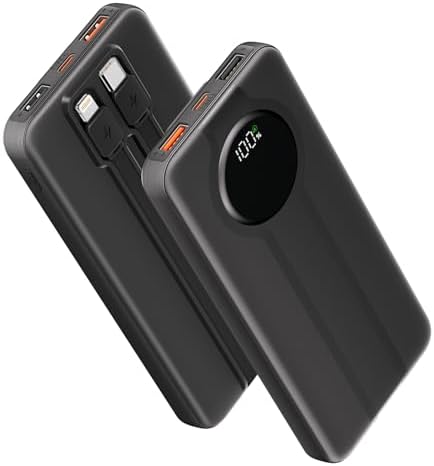 Aioneus 10000 m Ah Portable Charger with Dual Built-in Cables – High-Speed 22.5 W USB-C Power Bank for i Phone 16/15 and Samsung Galaxy S24/S10 e – All-in-One Travel Battery Pack with Intelligent LED Display and Automatic Power Off for Enhanced Device Safety and Compatibility