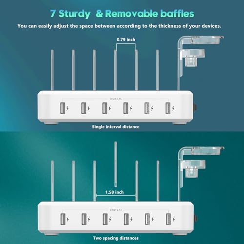 Sleek 6-Port USB Fast Charging Station with 60 W Output & 7 Versatile Cables – Essential Multi-Device Charger for i Phone, i Pad, Tablets, and Kindles – Ultimate Home and Office Organization Solution for Effortless Charging and Efficiency