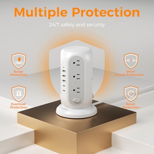 TESSAN Tower Power Strip Surge Protector – 12 Outlets with Individual Switches, 5 Fast-Charging USB Ports (2 USB-C), 10 Ft Flat Extension Cord with Discreet Plug Design – Ideal Multi-Device Charging Station for Office and Dorm Use