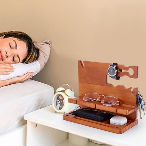 Premium Wood Phone Docking Station Organizer – Multifunctional Nightstand & Desk Accessory for Smartphones, Watches, and Wallets – Ideal Gift for Men on Anniversaries, Birthdays, or Father’s Day – Stylish Clutter-Free Design with Enhanced Device Compatibility