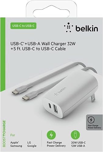Belkin 32 W USB-C Wall Charger with 20 W USB-C & 12 W USB-A Ports – Fast Charging Power Delivery Adapter with 6-Foot USB-C Cable for Ultimate Device Compatibility – Compact Travel Essential for Home and Office Use