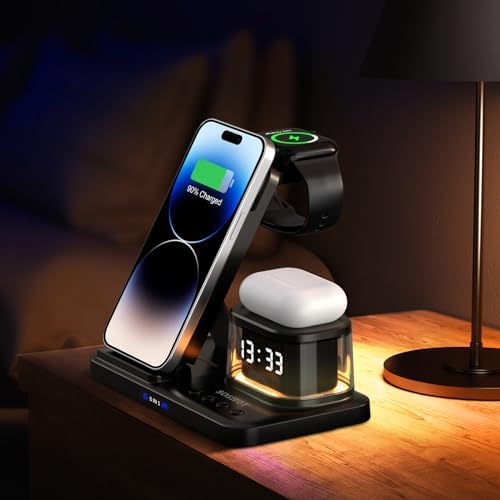 Elevate Your Charging Game: 5-in-1 Foldable Wireless Fast Charger with Integrated Night Light & Transparent Clock for Apple Devices – Ideal for i Phone 16/15/14/13/12/11 Pro Max, Apple Watch, and Air Pods – Sleek Green Design for Ultimate Portability and Style