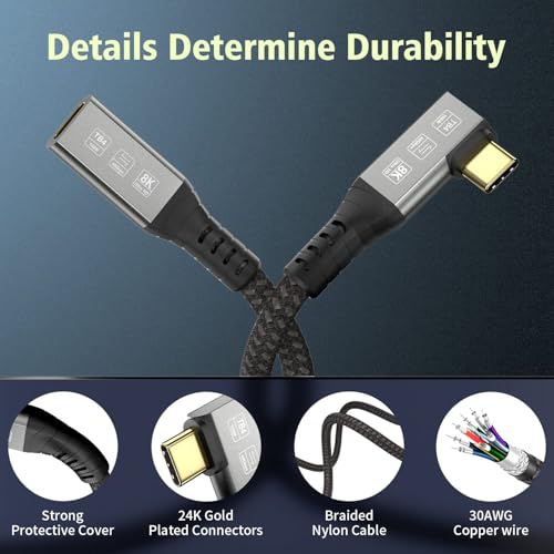 USB-C 4FT 40Gbps Braided Cable – 90 Degree, 8K Display, 100W Charging, Compatible with Thunderbolt 4/3 USB4/3, MacBook Pro, External SSD, eGPU – Enhanced Compatibility and Speed