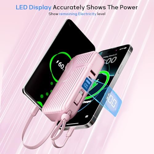 Compact 27 W Fast Charging Power Bank with Built-in Cables – 10,000 m Ah Portable Charger for i Phone & Android – Effortless Multi-Device Charging with 4 Outputs & 2 Inputs – Essential Travel Battery Pack for i Phone 16/15/14 and Newer – Durable Design for On-the-Go Energy Solutions