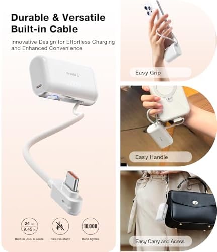 Pogomini Ultra-Compact 5000 m Ah Power Bank with Built-in USB-C Cable – 22.5 W Fast Charging for i Phone 16, Galaxy S25 & More – Ideal Travel Backup Battery, Sleek Arctic White Design for Effortless Portability and Universal Compatibility