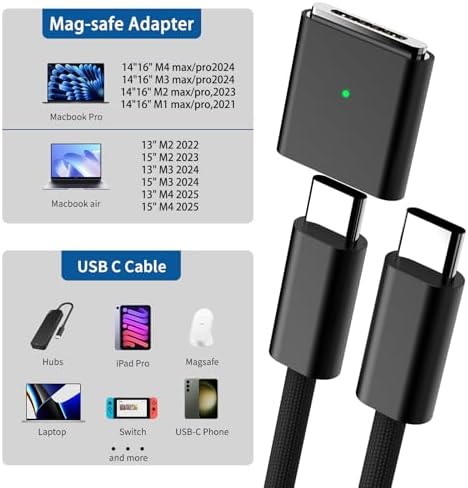 Premium 140 W Magnetic USB-C Charging Cable for Mac Book – 6.6 FT Right-Angle Cord Compatible with 2024/2023/2022 Mac Book Air M3/M2 & Pro M1/M2 Models – Durable Nylon Braided Design for Fast Power Delivery and Enhanced Convenience
