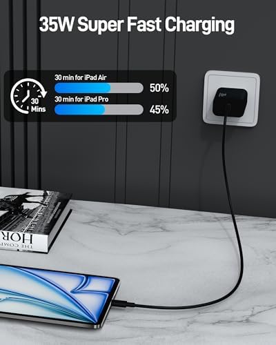 35 W USB-C Rapid Charging Wall Adapter with 6 FT Type-C Cable for i Pad Pro 2024/2022/2021/2020, Air 6/5, Mini 7/6 – Ultra-Portable, High-Efficiency Charger for Professionals and Students, Optimized for Seamless Device Compatibility and Speed