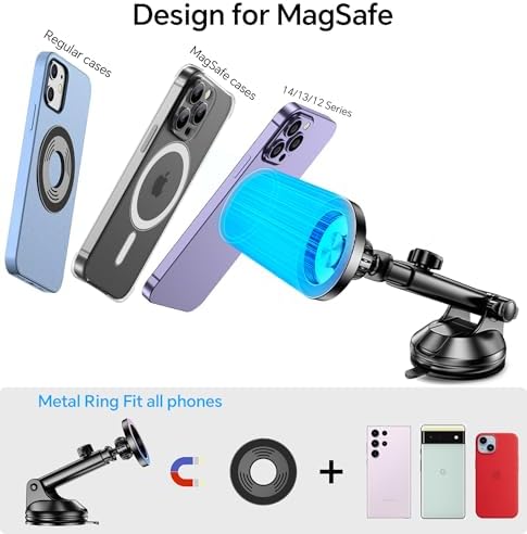 Mag Safe Car Mount – Versatile Magnetic Phone Holder for Windshield, Vent, and Dash – Secure Suction Cup Design for i Phone 12-16 Including Pro Max – Enhanced Compatibility, Quick Install, and Hands-Free Navigation for Ultimate Driving Safety and Convenience