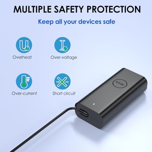 65 W USB-C Laptop Charger for Dell: High-Speed, Compact Power Adapter Compatible with Inspiron, Latitude, and XPS Models – Enhanced Safety Features for Business Use and Travel Convenience