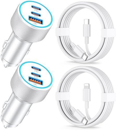 MFi Certified 2-Pack i Phone Car Charger – 67 W Fast Charging Adapter with 3 USB-C Ports and 3 FT Cables for i Phone 16/15/14/13/12/11/Pro Max/XS/XR/X/SE/8 Plus & i Pads – Ultimate Travel Charging Solution with Enhanced Speed and Compatibility