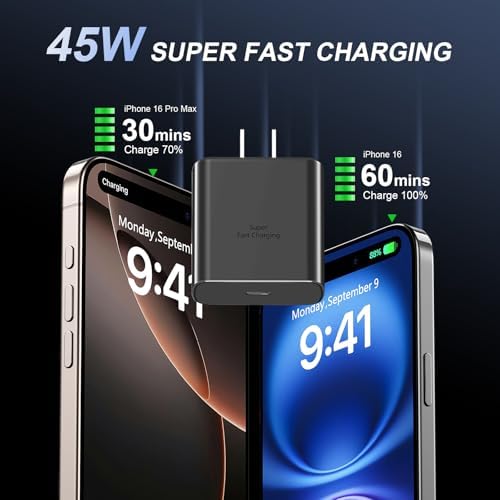 Accelerate Your Power Needs with Our 45 W Ultra-Fast USB-C Charger for Phone 16 Series – Includes a 10 ft Type C Cable in Eye-Catching Purple – Perfectly Crafted for Swift Power Delivery to Phone 16 Pro, Max, Plus & Earlier Models – Unleash Maximum Charging Efficiency and Aesthetic Appeal for Tech Enthusiasts on the Move