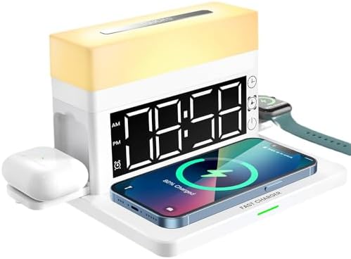 Revolutionary 5-in-1 Wireless Charging Station with Digital Clock, Night Light, and Temperature Display – 15 W Fast Charge for Qi Phones, Smartwatches & TWS Earbuds – Enhanced Safety Features and Space-Saving Design for Home or Travel