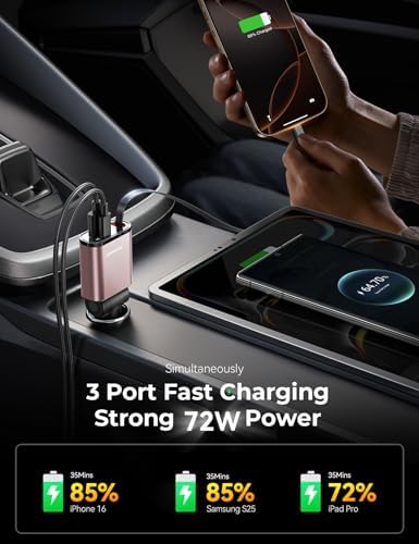 Ultra-Compact 72 W Retractable Car Charger – PD 45 W Fast Charging for i Phone 15/16, Samsung S25/S24 & Pixel – Space-Saving USB C Adapter for Convenient On-the-Go Power Solutions