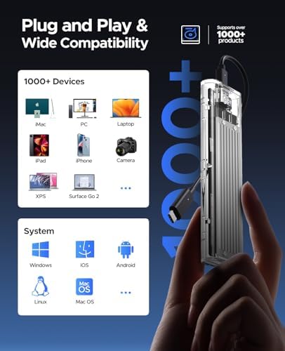 ORICO Transparent M.2 NVMe SSD Enclosure – Ultra-Fast USB 3.2 Gen 2 Adapter for PCI-E M-Key SSDs (2280/2260/2242/2230) – Lightweight and Durable External Solid State Drive Case with Tool-Free Setup and USB Type-C Support for Seamless Data Transfer